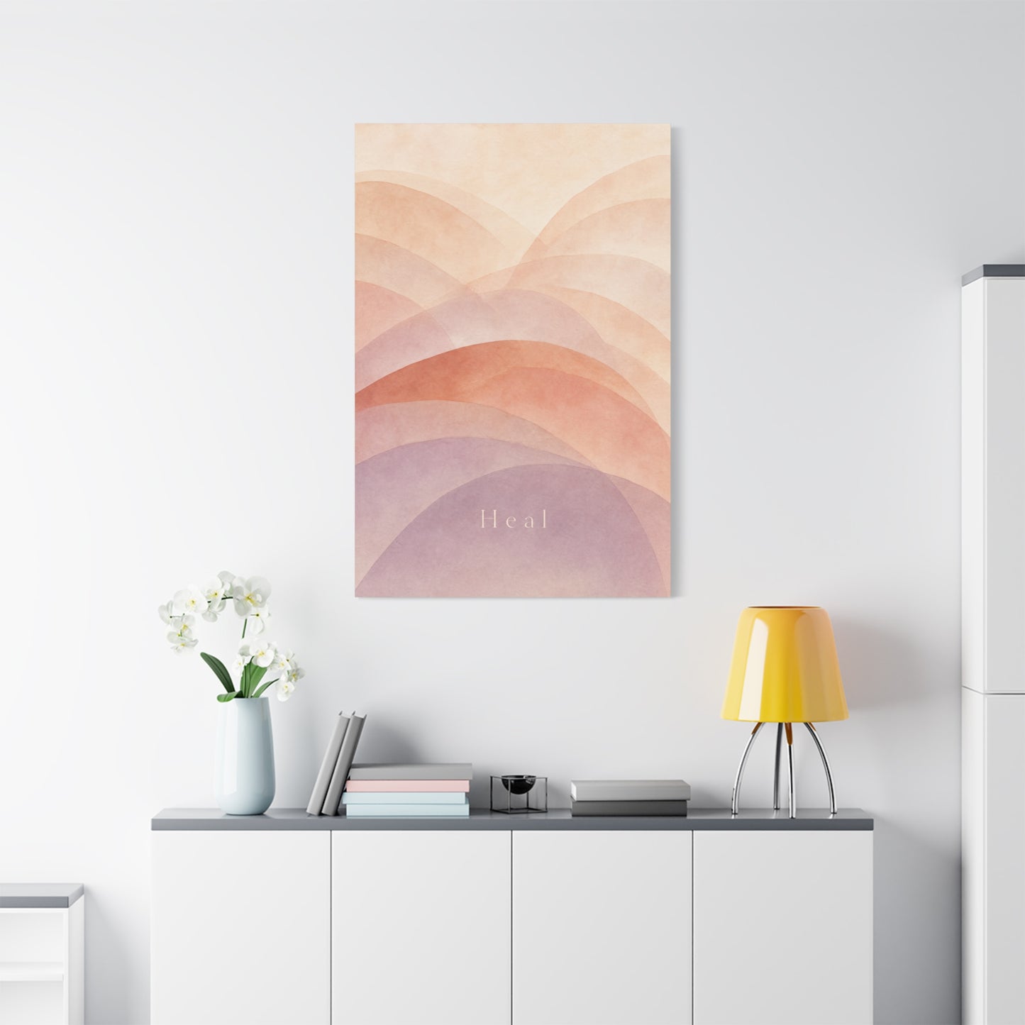 "Heal" Abstract Canvas Wall Art - Blush Peach Lavender Arches, Minimalist Typography Print - Contemporary Boho Decor, Bedroom Wall Hanging, Living Room Decoration, Meditation Space Accent