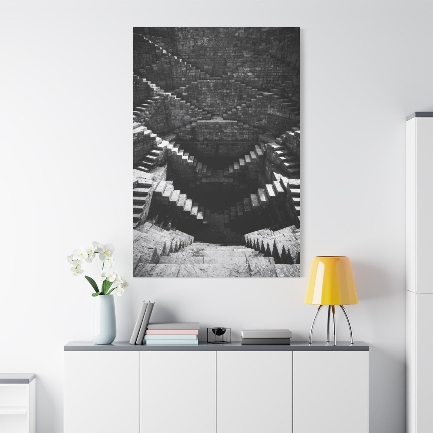 Black And White Stepwell Canvas Wall Art - Architectural Staircase Art Print, Moody Monochrome Stone Geometry - Contemporary Wall Decor For Living Room, Office, Entryway - Ready to Hang
