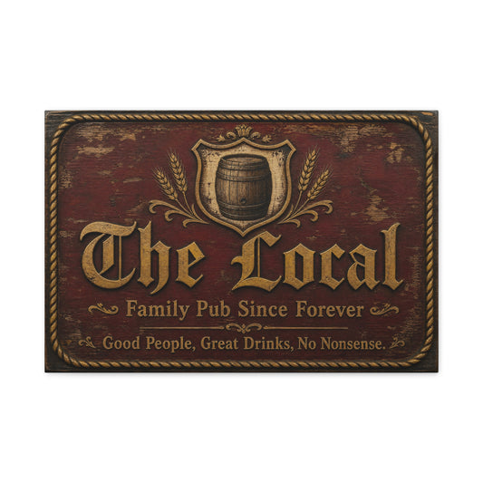 "The Local" Vintage Pub Canvas Wall Art - Rustic Tavern Sign, Barrel Crest Typography - Distressed Wood Look, Traditional Style - Bar Room Decor, Man Cave Accent, Restaurant Wall Hanging