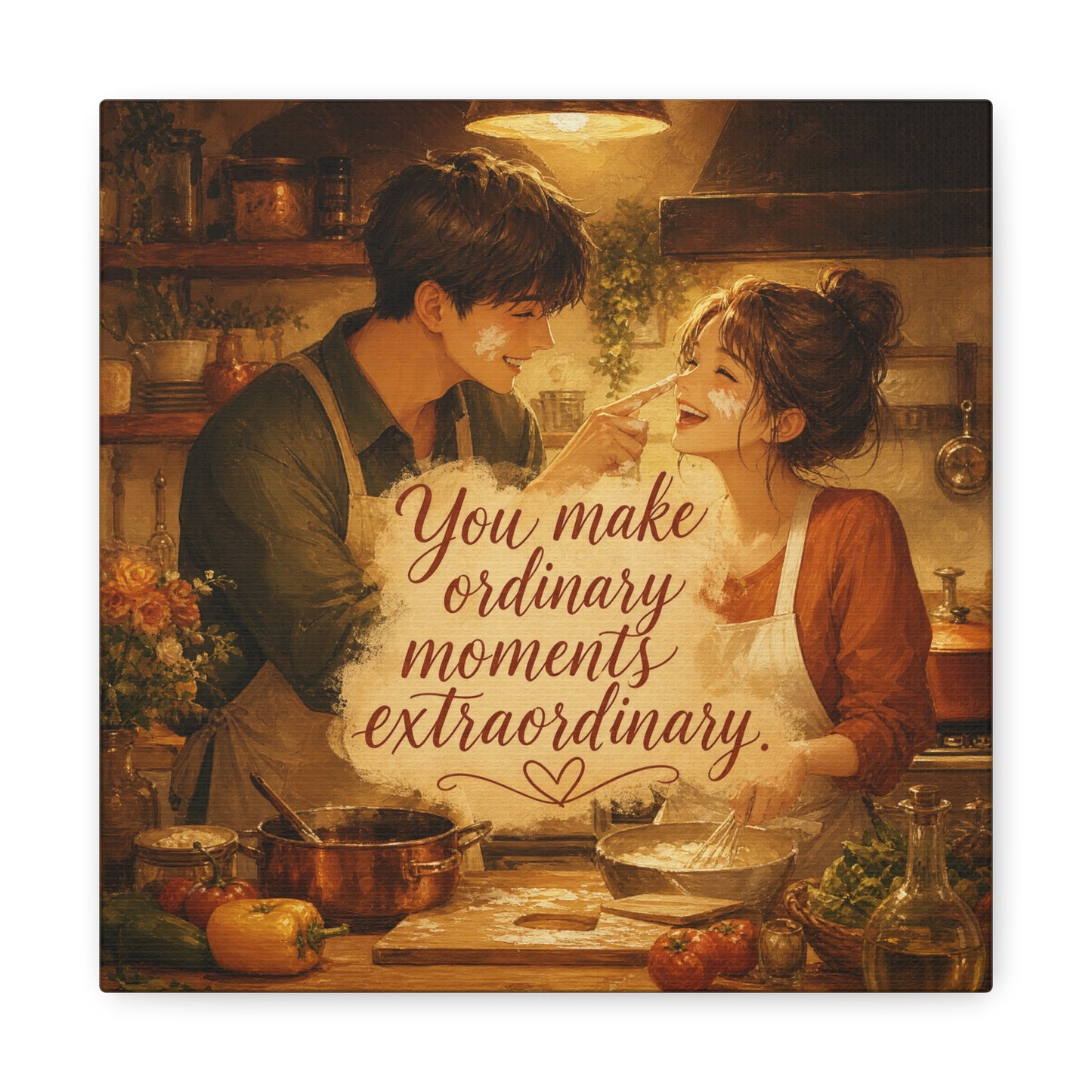 "You Make Ordinary Moments Extraordinary" Couple Canvas Wall Art - Romantic Kitchen Scene, Warm Vintage Illustration Print - Cozy Living Room Decor, Farmhouse Home Accent - Living Room Wall Decor