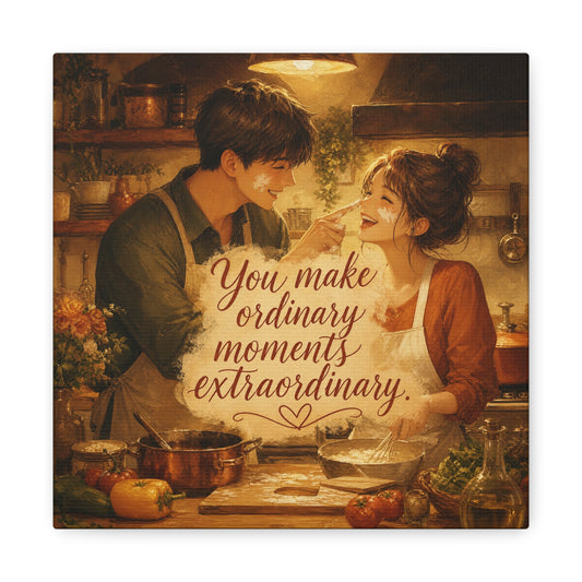 "You Make Ordinary Moments Extraordinary" Couple Canvas Wall Art - Romantic Kitchen Scene, Warm Vintage Illustration Print - Cozy Living Room Decor, Farmhouse Home Accent - Living Room Wall Decor