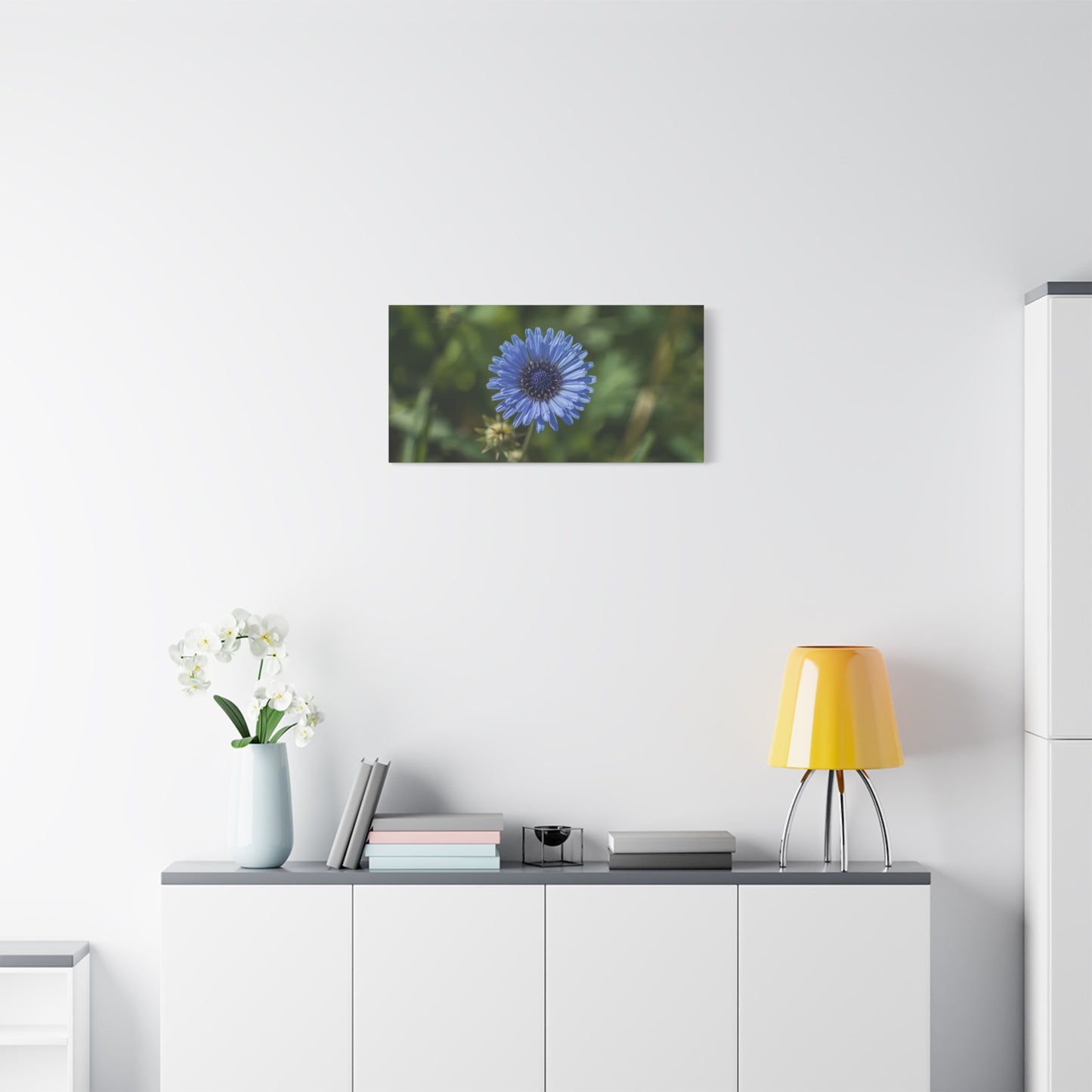 Blue Cornflower Canvas Wall Art - Botanical Flower Art Print, Green Bokeh Background - Matte Cotton Canvas - Contemporary Floral Style - Bedroom Wall Decor, Spa Accent - Modern Farmhouse Style