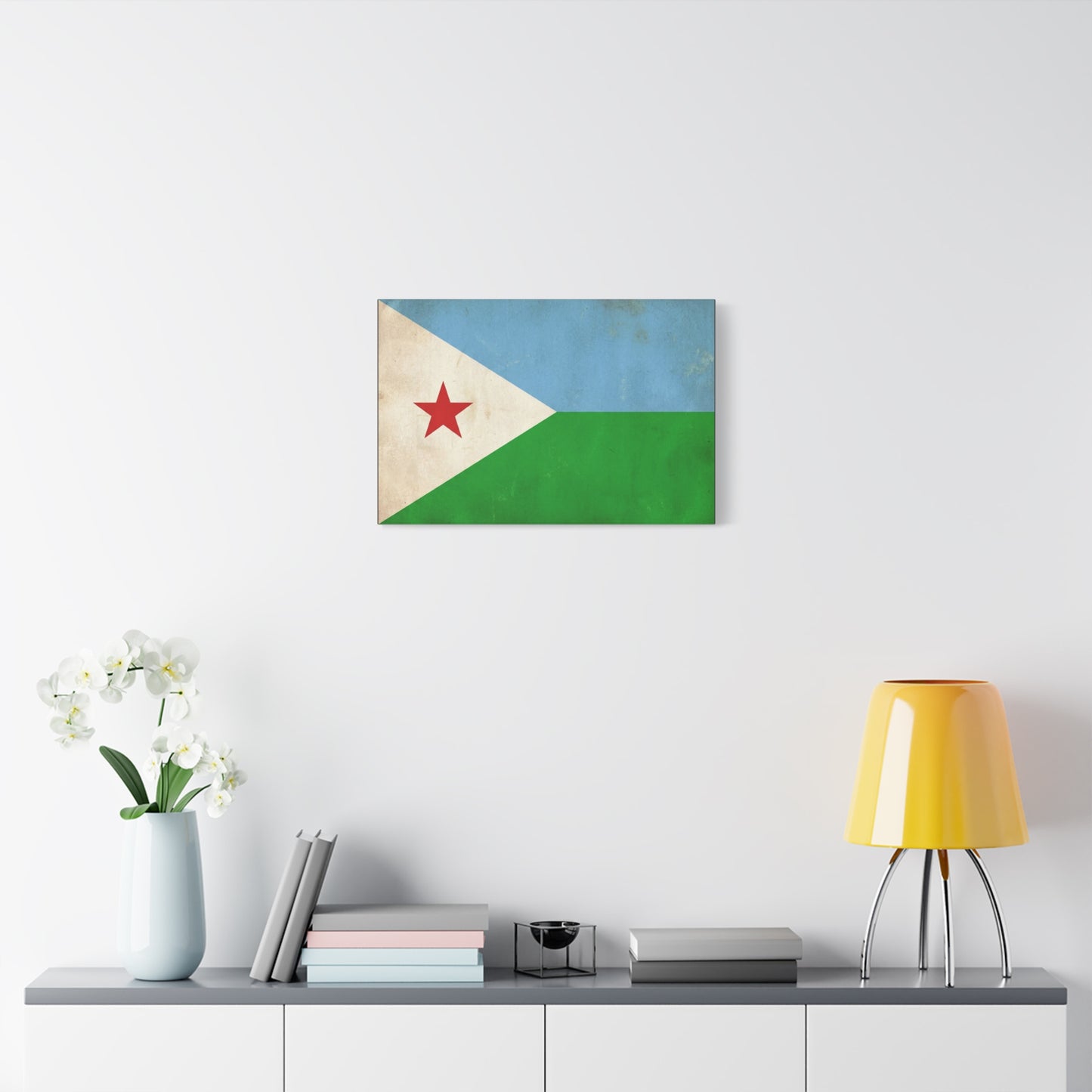 Djibouti Flag Canvas Wall Art - Vintage National Banner Print, Patriotic Home Decor - Distressed Blue Green White Red Star Design - Living Room Decoration - Living Room Wall Decor - Ready to Hang
