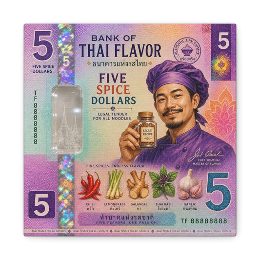 "Bank Of Thai Flavor" Thai Chef Canvas Wall Art - Five Spice Dollars Food Illustration, Colorful Typography Print, Eclectic Kitchen Decor, Cafe Wall Decor, Restaurant Wall Accent - Ready to Hang