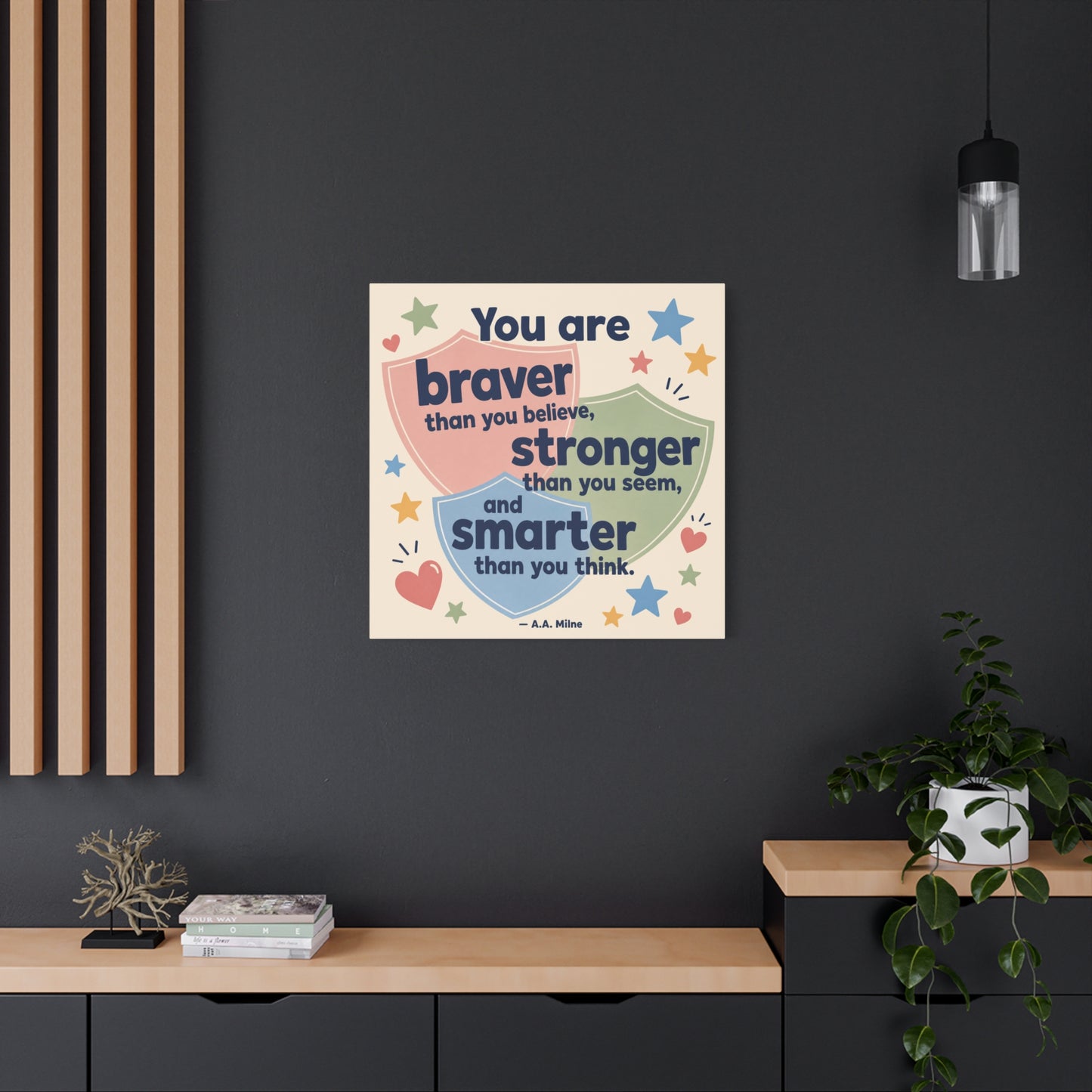 "You Are Braver, Stronger, Smarter" Quote Canvas Wall Art - Kids Inspirational Typography Print, Pastel Shield Stars Hearts Design - Nursery Bedroom Classroom Decor - Office Wall Art - Ready to Hang