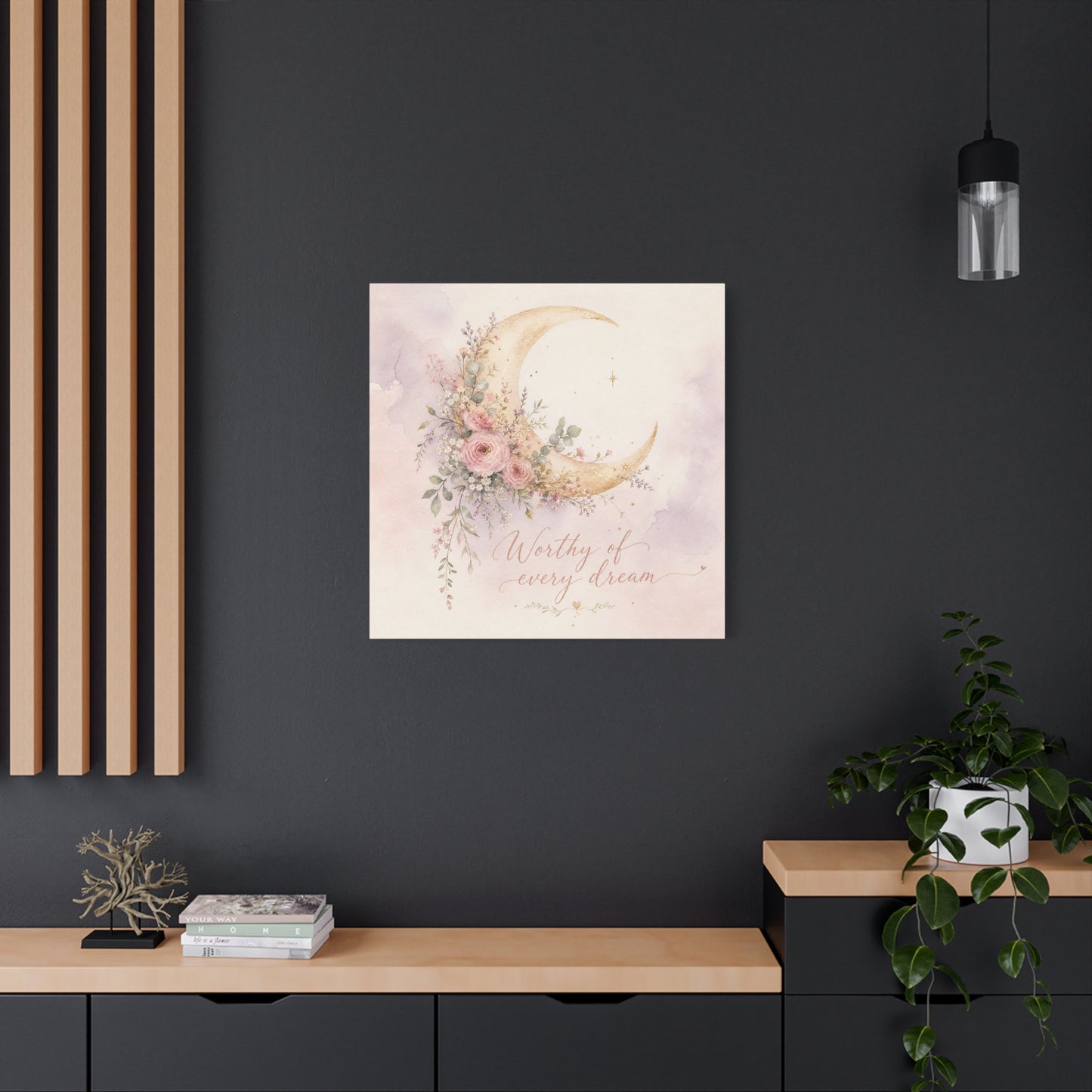"Worthy Of Every Dream" Moon Canvas Wall Art - Floral Crescent, Inspirational Blush Gold Watercolor - Bohemian Bedroom Wall Decor - Nursery Home Decoration - Bedroom Home Decoration - Ready to Hang