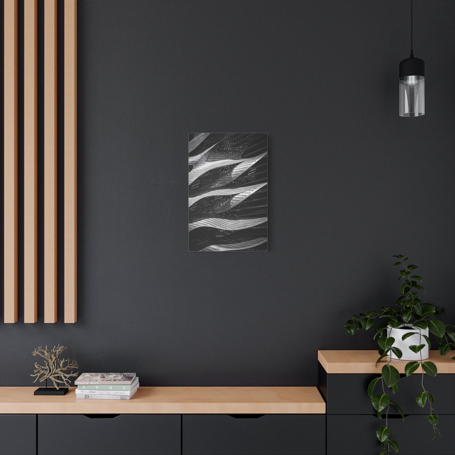 Abstract Black White Metal Wave Canvas Wall Art - Geometric Architectural Art Print - Modern Minimalist Decor - Living Room Wall Decor, Office Art, Contemporary Interior Design - Ready to Hang