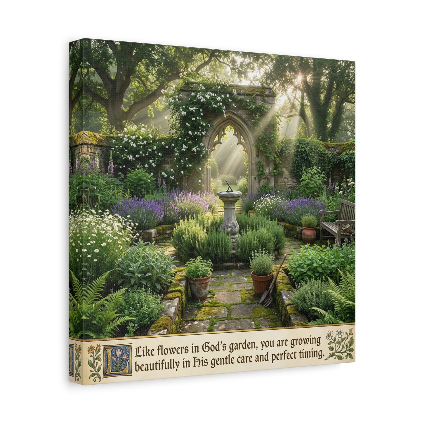 "Like Flowers In God's Garden, You Are Growing Beautifully In His Gentle Care And Divine Timing" Canvas Wall Art - Sunlit Garden Arch, Botanical Landscape Print - Living Room Decor - Office Wall Art