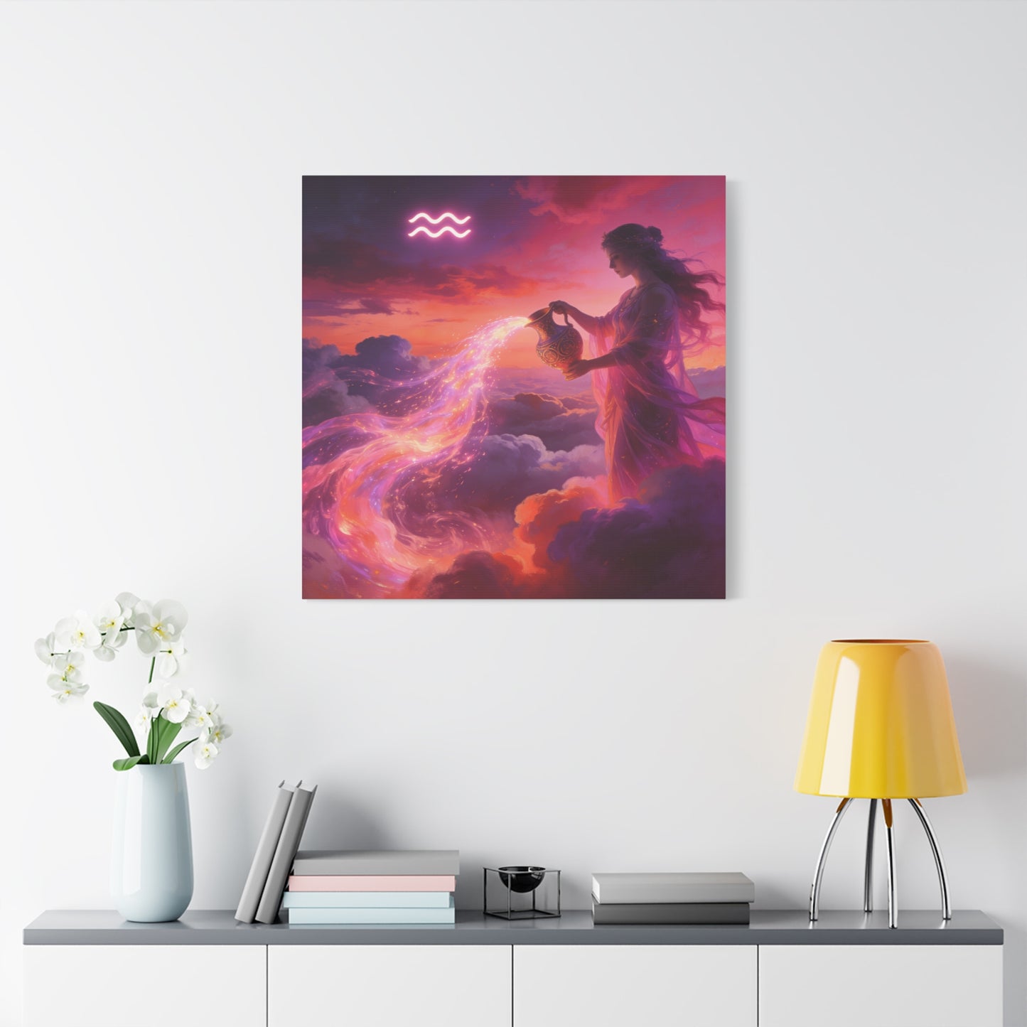 Aquarius Goddess Canvas Wall Art - Zodiac Woman Pouring Celestial Water, Fantasy Sky Illustration - Pink Purple Matte Canvas Print - Bedroom Wall Decor, Bohemian Home Accent - Bedroom Home Decoration