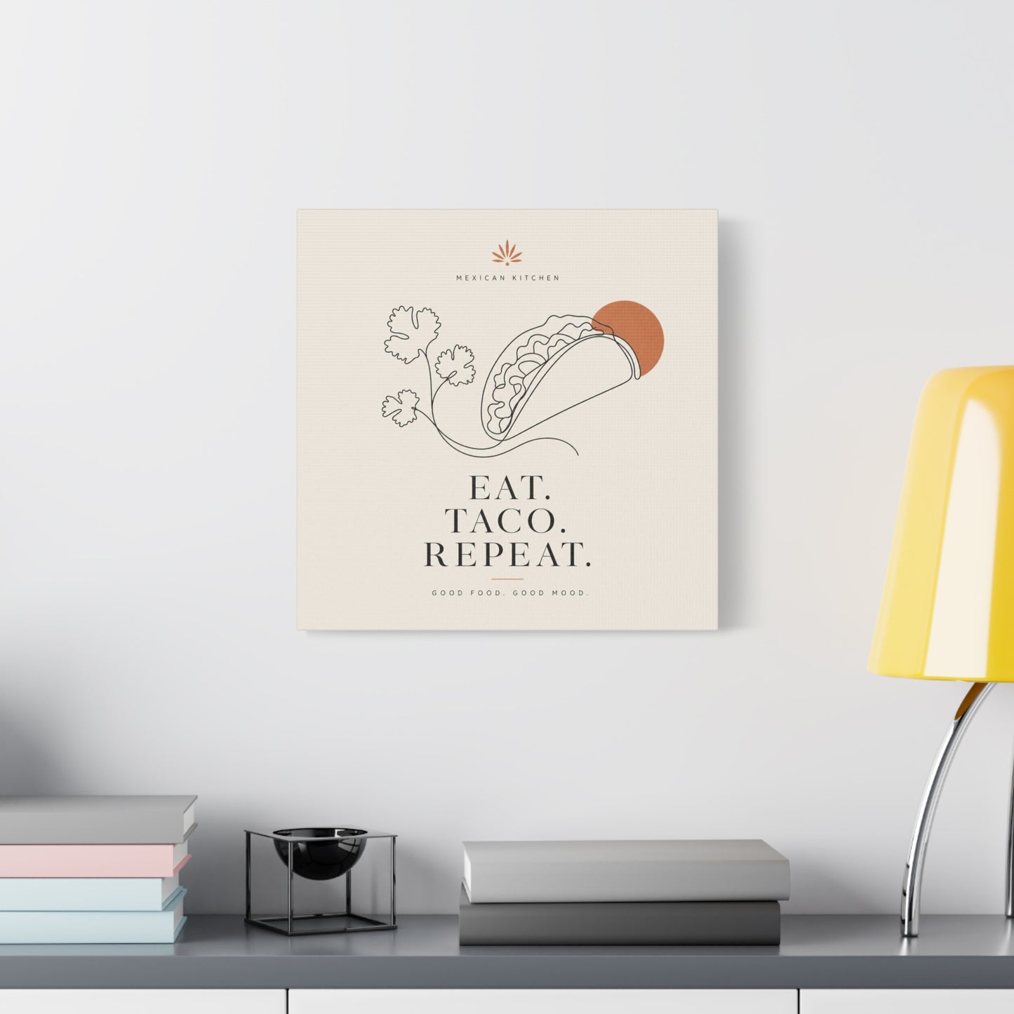 "Eat. Taco. Repeat." Mexican Kitchen Canvas Wall Art - Minimalist Taco Line Illustration, Terracotta Sun, Typography Print - Modern Kitchen Decor, Cafe Wall Decor, Dining Room Accent - Ready to Hang