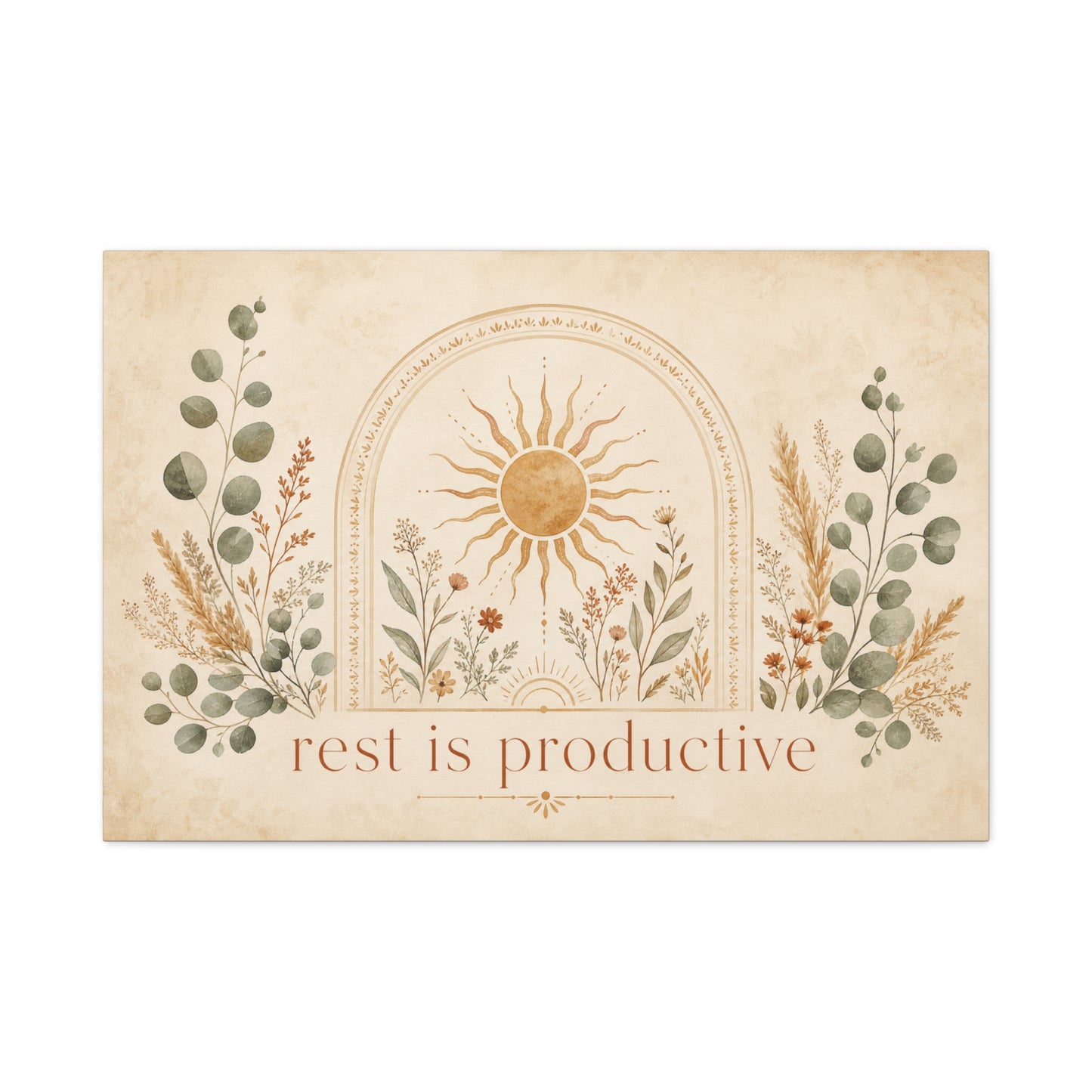 "Rest Is Productive" Inspirational Canvas Wall Art - Boho Sun And Botanical Arch Print - Neutral Typography Decor - Bedroom Living Room Decoration - Office Wall Art - Bedroom Home Decoration