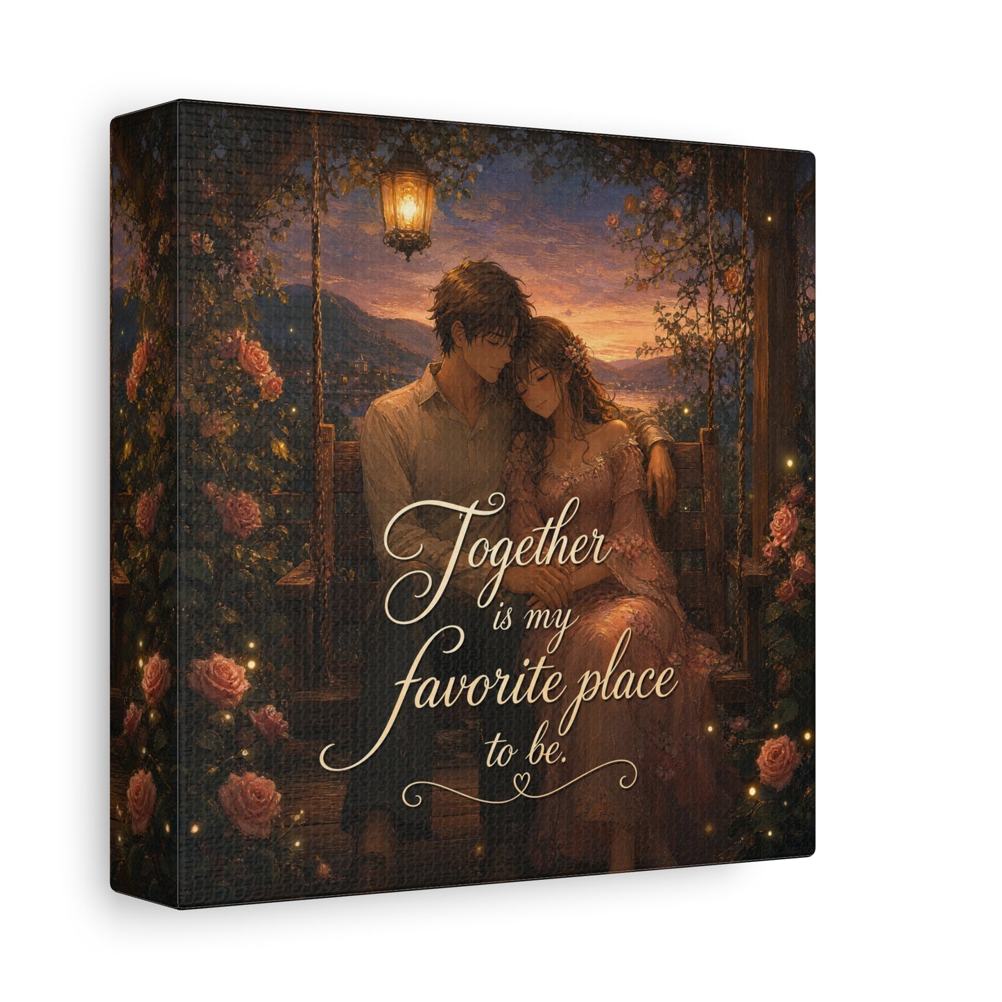 "Together Is My Favorite Place To Be" Romantic Couple Canvas Wall Art - Lantern Swing Sunset Lake Scene, Floral Garden Love Quote Print - Vintage Bedroom Decor - Office Wall Art - Ready to Hang