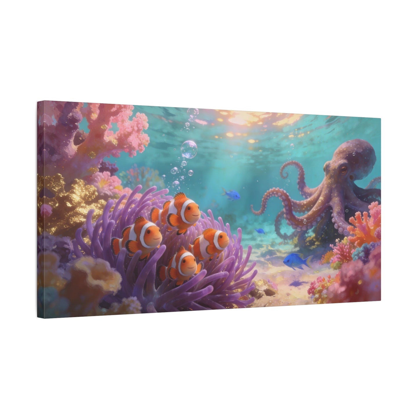 Clownfish And Octopus Canvas Wall Art - Whimsical Underwater Coral Reef Scene, Ocean Nursery Decor, Coastal Style, Matte Canvas Print, Bedroom Decoration, Playroom Accent, Office Art - Ready to Hang