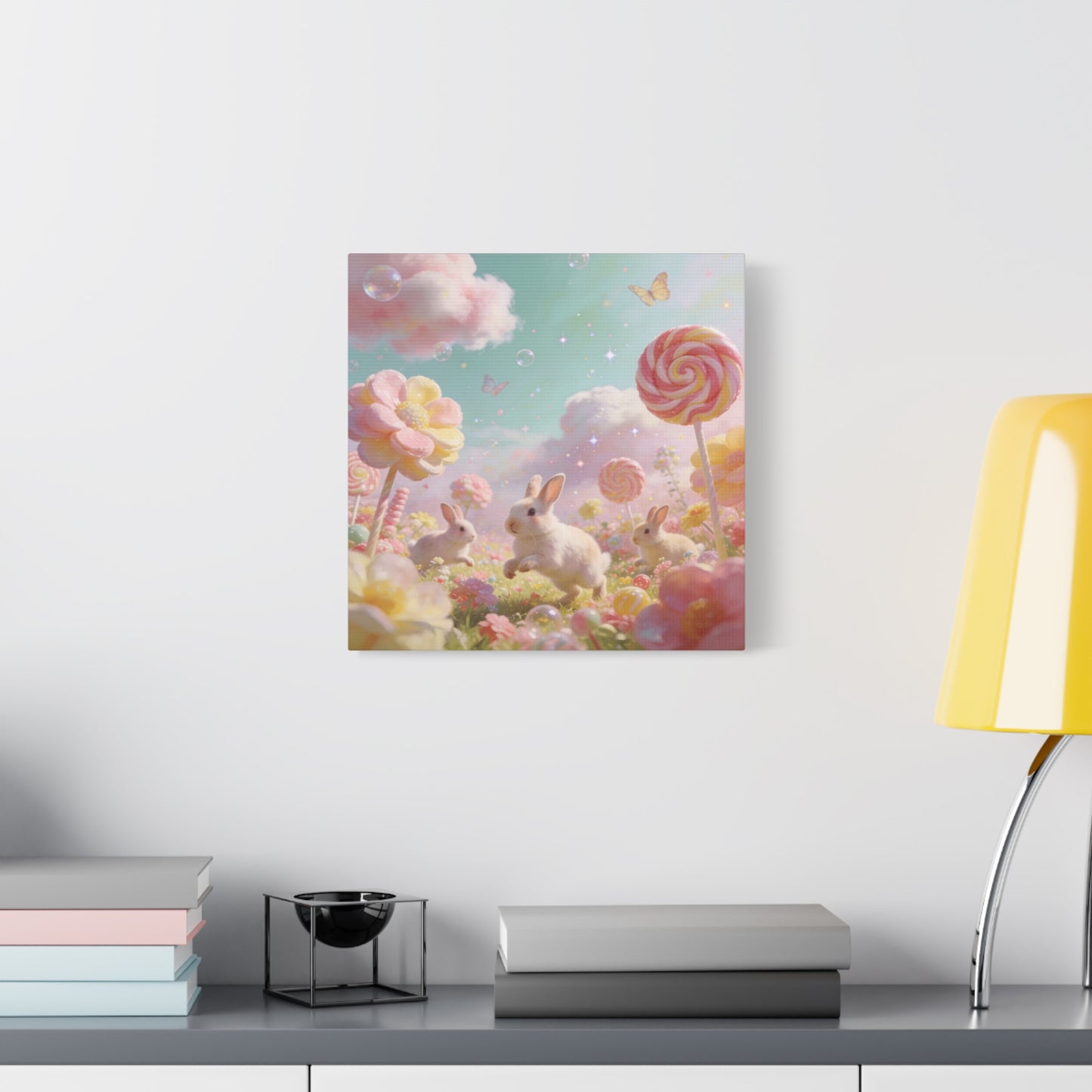 Bunny Candyland Canvas Wall Art - Pastel Rabbit Meadow, Lollipop Flowers, Dreamy Nursery Wall Decor - Whimsical Illustration - Bedroom Home Decoration, Kids Room Accent - Bedroom Home Decoration