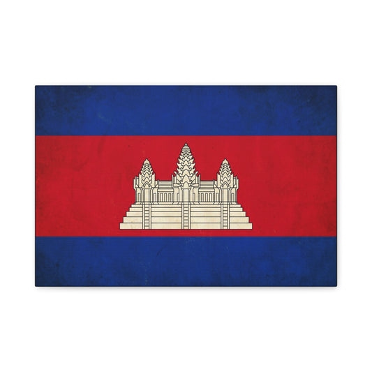 Cambodia Flag Canvas Wall Art - Khmer Temple Emblem Patriotic Print, Vintage National Decor - Textured Red Blue Banner Style - Living Room Wall Decor - Bedroom Home Decoration - Modern Farmhouse Style