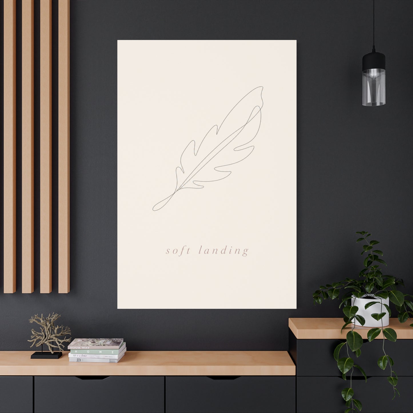 "Soft Landing" Feather Canvas Wall Art - Minimalist Line Drawing, Neutral Beige Cotton Print - Contemporary Bedroom Wall Decor, Nursery Home Decoration, Calming Office Accent - Bedroom Home Decoration