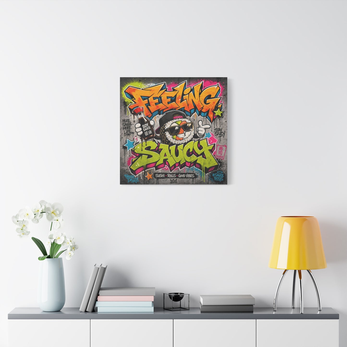 "Feeling Sauce" Graffiti Canvas Wall Art - Sushi Roll Street Illustration, Urban Pop Typography, Matte Cotton Print, Contemporary Decor for Kitchen Nook, Dining Space, Cafe Interior Accent
