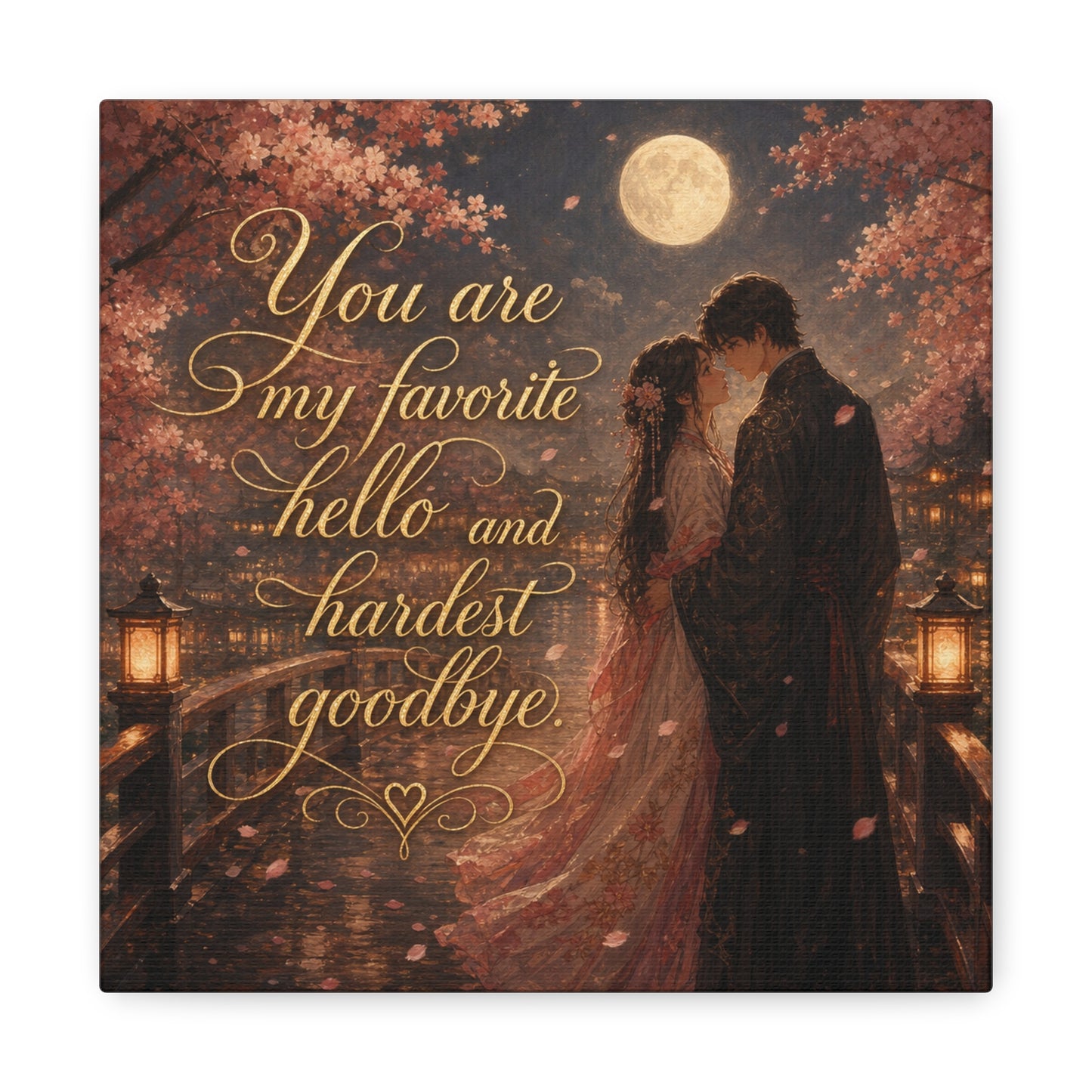 "You Are My Favorite Hello And Hardest Goodbye" Romantic Canvas Wall Art - Moonlit Cherry Blossom Couple, Gold Script Quote Print - Traditional Love Decor, Bedroom Wall Hanging - Cozy Reading Nook Art