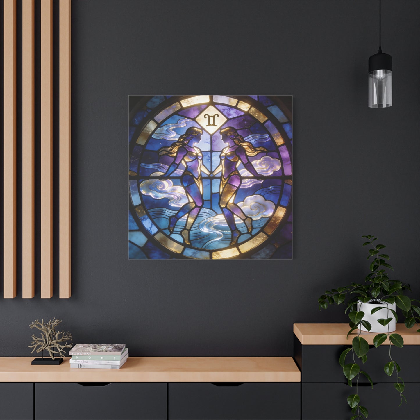 Gemini Zodiac Canvas Wall Art - Stained Glass Twin Women Celestial Print, Blue Purple Gold Astrology Decor - Modern Mystical Artwork - Bedroom Home Decoration Office Wall Art - Bedroom Home Decoration