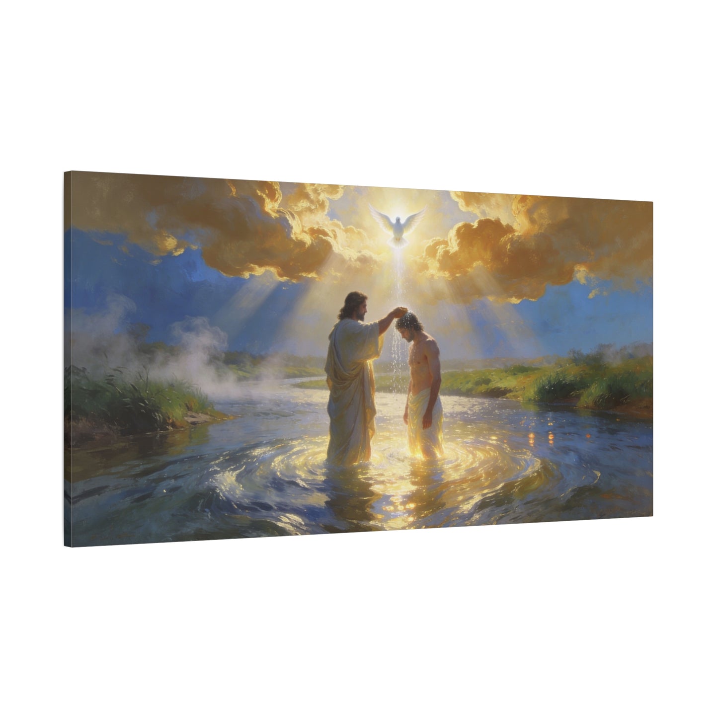Baptism Of Jesus Christ Canvas Wall Art - Dove, Golden Light, River Scene - Religious Christian Wall Decor, Traditional Matte Canvas Print, Living Room Bedroom Home Decoration - Modern Farmhouse Style