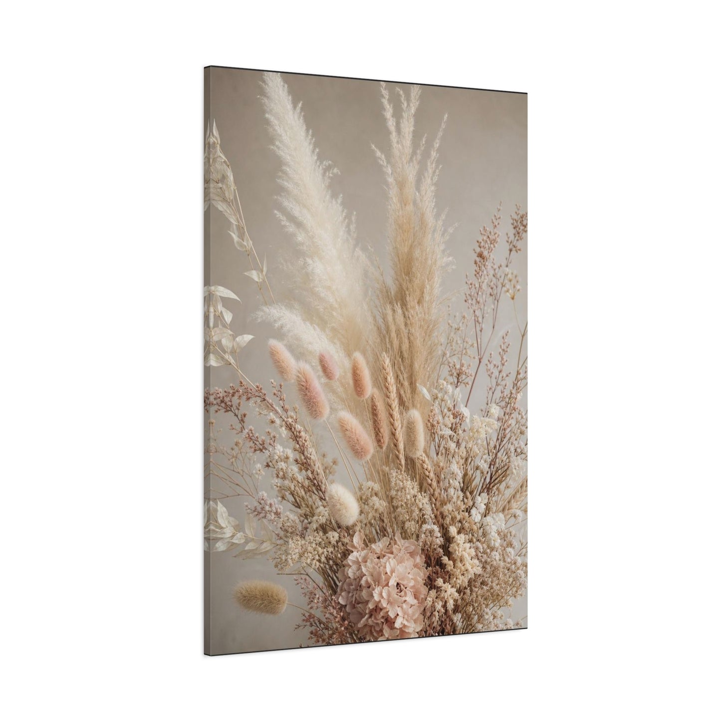 Dried Pampas Grass Floral Canvas Wall Art - Neutral Botanical Bouquet, Blush Bunny Tail Stems, Cotton Canvas Print - Bohemian Farmhouse Style - Bedroom Wall Decor, Spa Accent - Bedroom Home Decoration