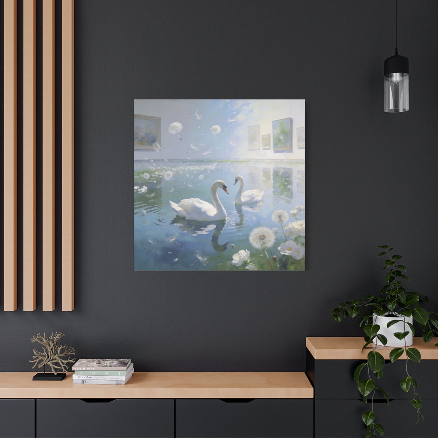 White Swan Canvas Wall Art - Serene Pond With Dandelion Seeds, Soft Blue Water Reflection - Dreamy Traditional Style - Living Room Wall Decor, Bedroom Home Decoration, Office Art - Ready to Hang