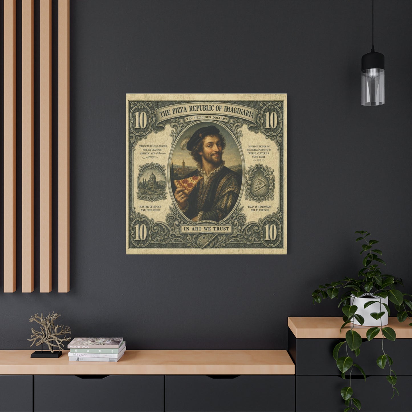 "The Pizza Republic Of Imaginaria" Canvas Wall Art - Vintage Typography Portrait Print, Renaissance Pizza Note Design, Eclectic Office Wall Decor, Cafe Wall Art, Humor Canvas - Reception Area Decor