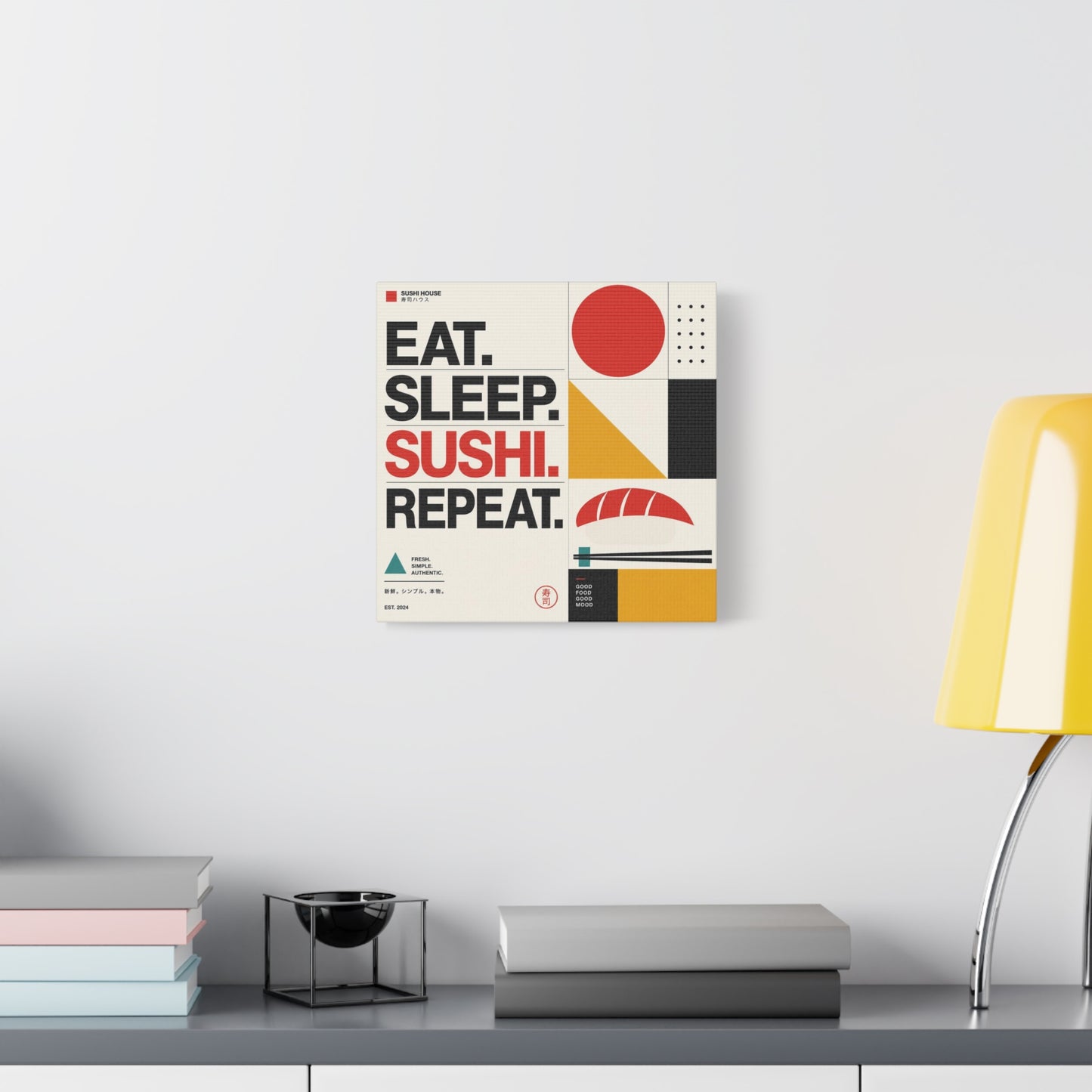 "Eat. Sleep. Sushi. Repeat." Sushi Canvas Wall Art - Japanese Typography Print, Geometric Food Poster Design - Modern Minimalist Cotton Canvas - Cafe Decor, Kitchen Accent, Dining Room Artwork
