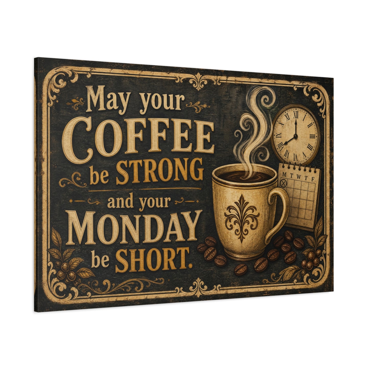 "May Your Coffee Be Strong And Your Monday Be Short" Canvas Wall Art - Vintage Coffee Cup Quote Print, Rustic Decor, Farmhouse Wall Hanging - Ready to Hang - Bistro Decor - Espresso Bar Sign
