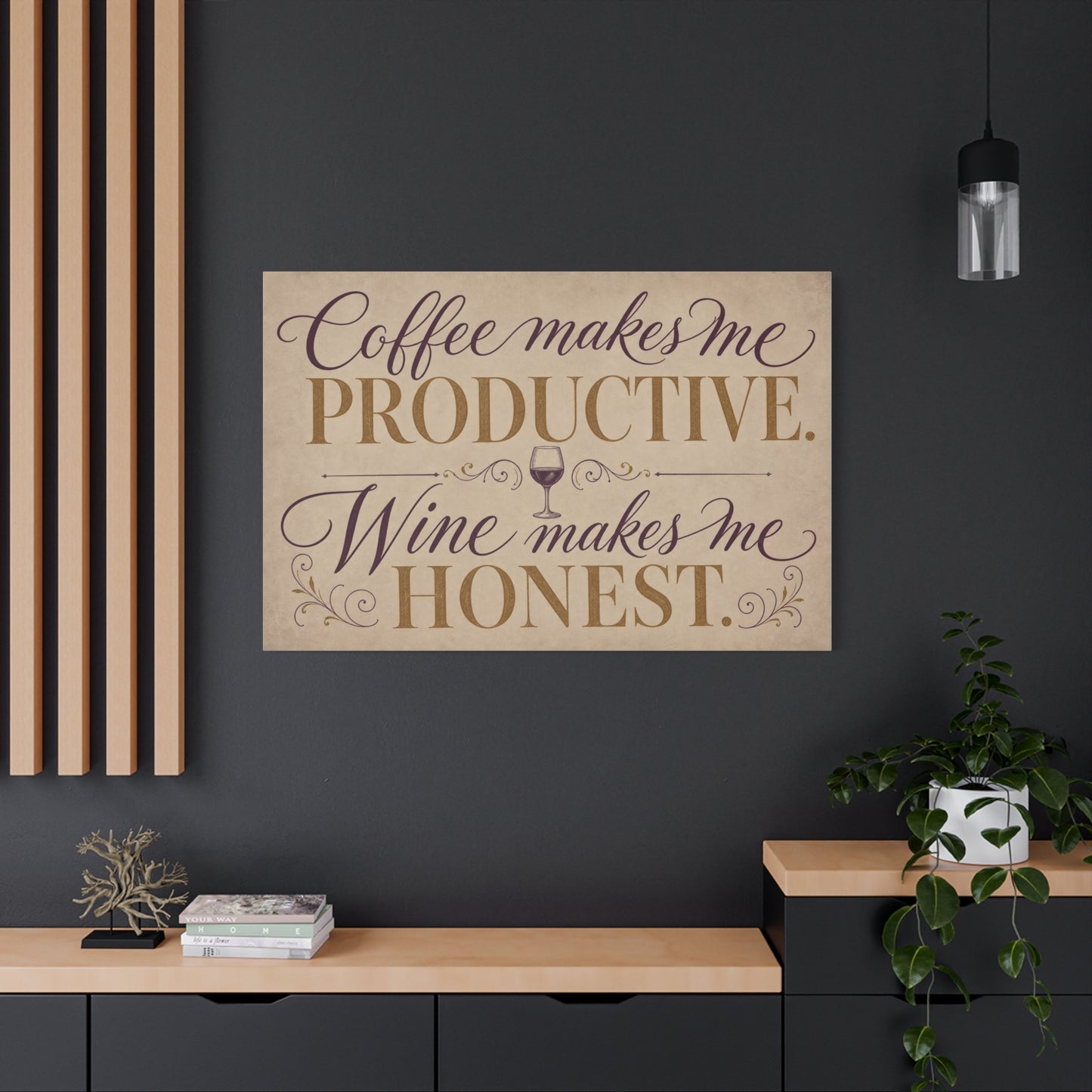 "Coffee Makes Me Productive. Wine Makes Me Honest." Canvas Wall Art - Vintage Typography Decor - Rustic Neutral Quote Print - Bar Cart Accent - Office Wall Art - Coffee Shop Decor - Espresso Bar Sign