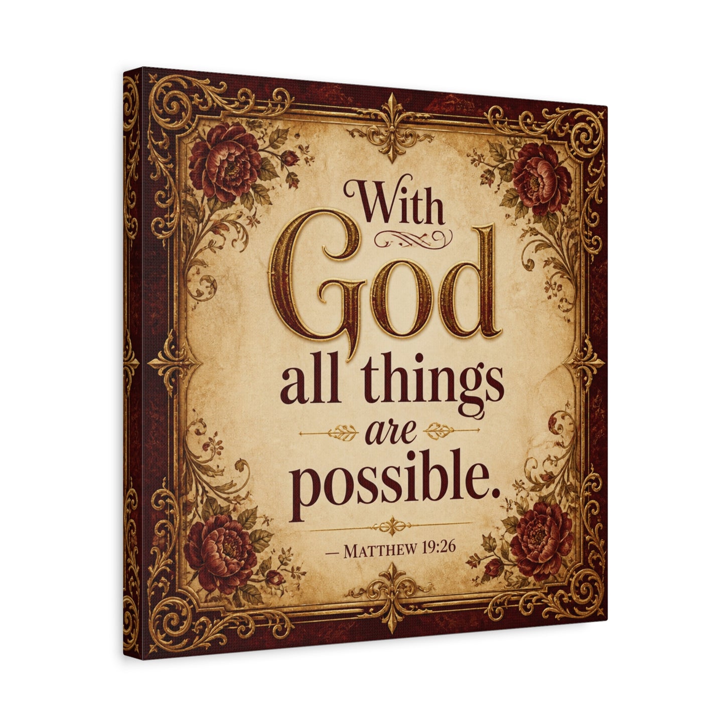 "With God All Things Are Possible. - Matthew 19:26" Christian Canvas Wall Art - Vintage Floral Scripture Print, Traditional Inspirational Decor, Living Room Bedroom Wall Hanging - Ready to Hang