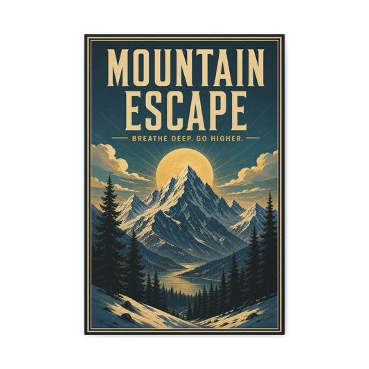 "Mountain Escape Breathe Deep. Go Higher." Canvas Wall Art - Vintage Mountain Landscape Poster Print, Sunlit Alpine Peaks, Rustic Lodge Style, Living Room Wall Decor, Office Art - Ready to Hang