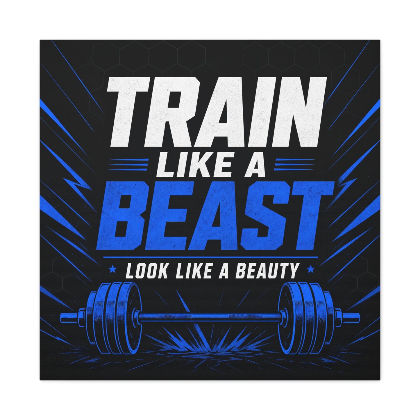 "Train Like A Beast Look Like A Beauty" Gym Canvas Wall Art - Blue Black Barbell Typography Motivational Fitness Decor - Modern Sports Quote Print - Ready to Hang - Living Room Wall Decor