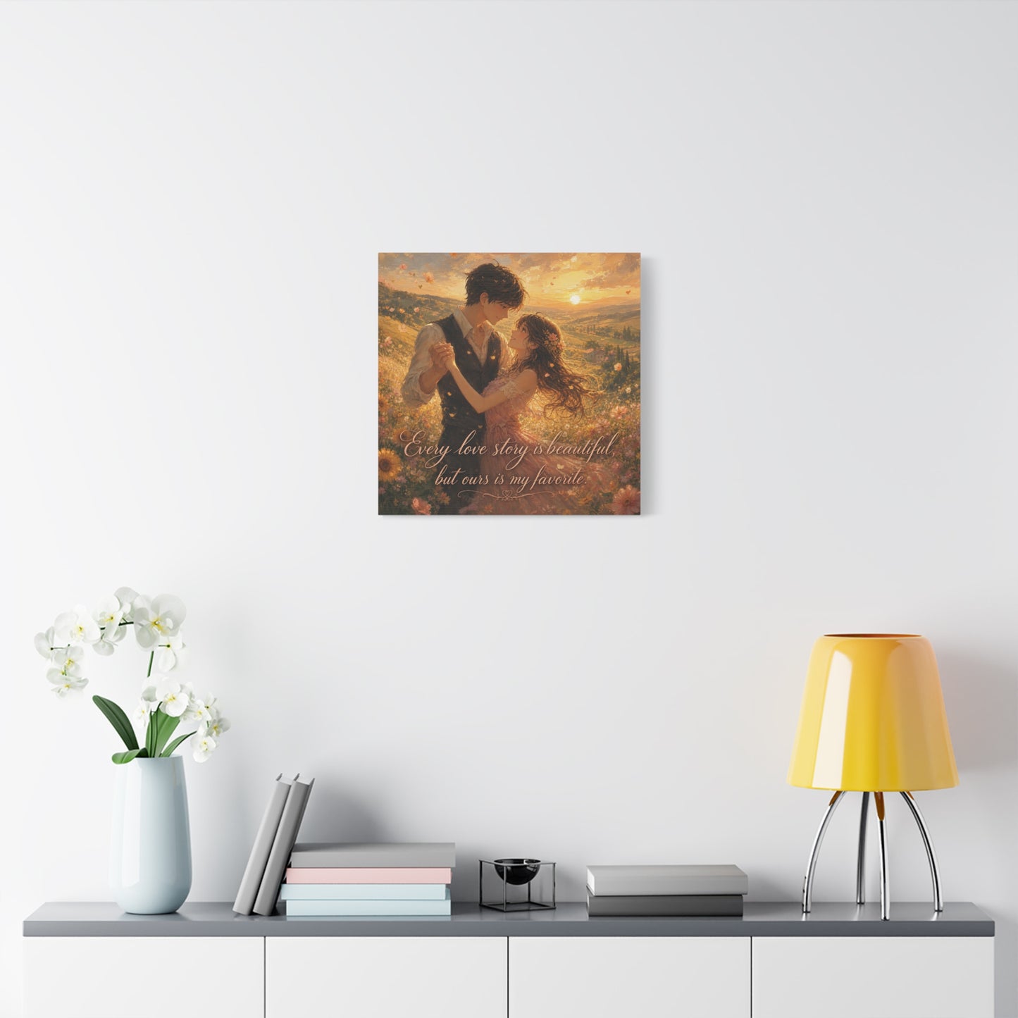 "Every Love Story Is Beautiful, But Ours Is My Favorite" Romantic Couple Canvas Wall Art - Golden Sunset Wildflower Field - Dreamy Rustic Style - Bedroom Wall Decor - Ready to Hang - Ready to Hang