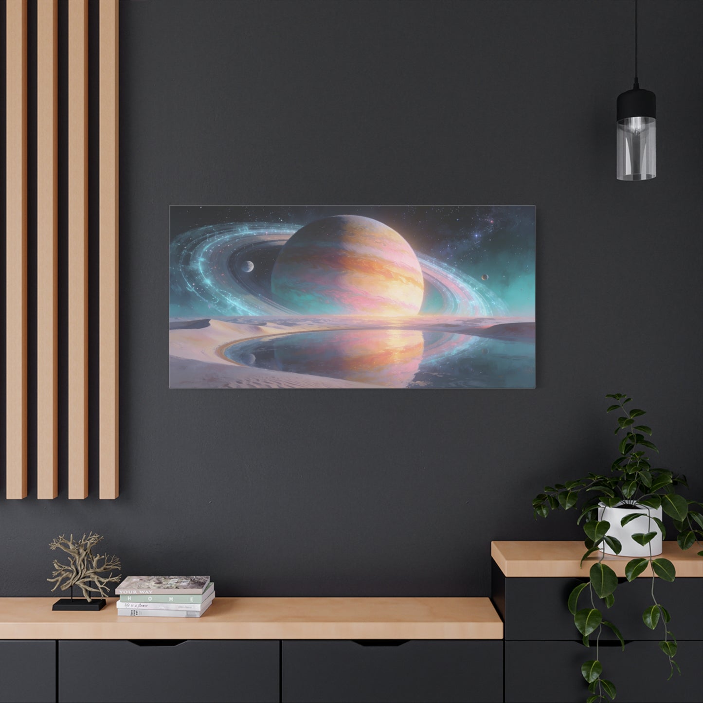 Ringed Planet Canvas Wall Art - Pastel Space Landscape, Celestial Desert Lake Reflection - Contemporary Surreal Canvas Print - Living Room Wall Decor, Bedroom Home Decoration - Bedroom Home Decoration