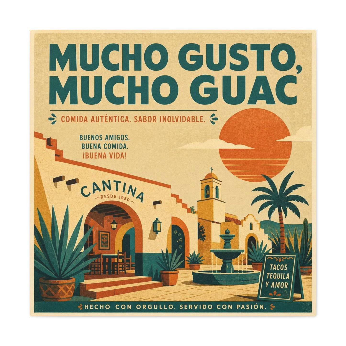 "Mucho Gusto, Mucho Guac" Cantina Canvas Wall Art - Mexican Restaurant Typography Print, Vintage Desert Courtyard Illustration, Cafe Wall Decor, Tequila Bar Sign, Workspace Accent - Ready to Hang