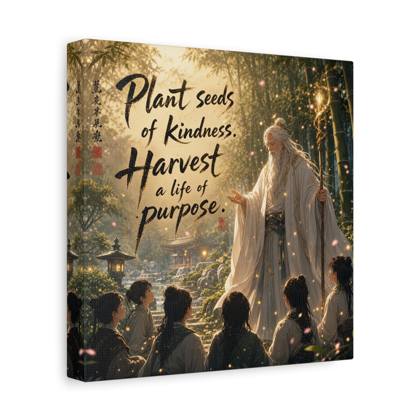 "Plant Seeds Of Kindness. Harvest A Life Of Purpose." Zen Canvas Wall Art - Wise Elder In Bamboo Garden, Inspirational Typography Print - Traditional Style, Bedroom Meditation Decor - Office Wall Art