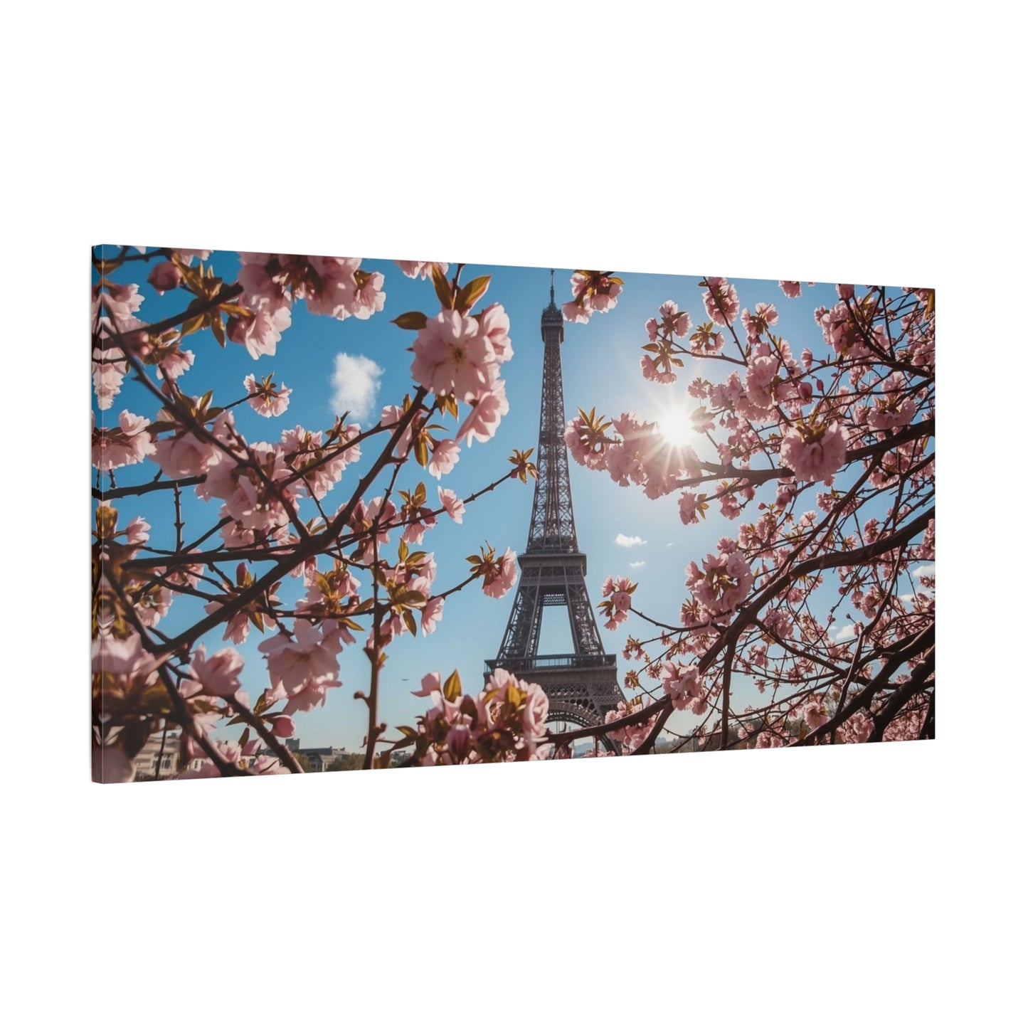 Eiffel Tower Canvas Wall Art Paris Cherry Blossom Art Print - Sunlit Spring Floral Cityscape - Matte Cotton Decor - Bedroom Home Decoration, Living Room Wall Decor - Bedroom Home Decoration