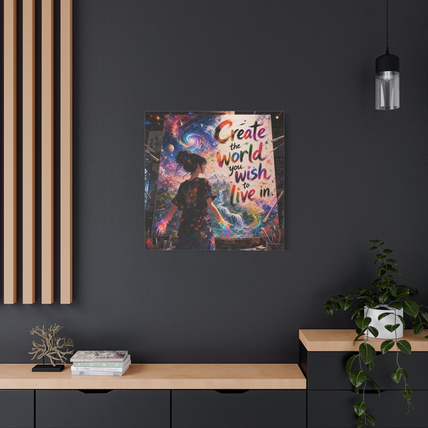 "Create The World You Wish To Live In" Inspirational Canvas Wall Art - Colorful Cosmic Artist Girl Quote Print - Modern Typography Decor - Bedroom Home Decoration, Creative Office Accent