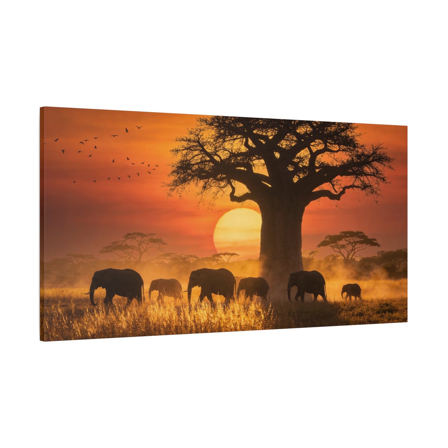 African Elephant Sunset Canvas Wall Art - Baobab Tree Safari Scene, Golden Savanna Wildlife Print - Matte Cotton Canvas, Rustic Contemporary Style - Living Room Wall Decor - Bedroom Home Decoration