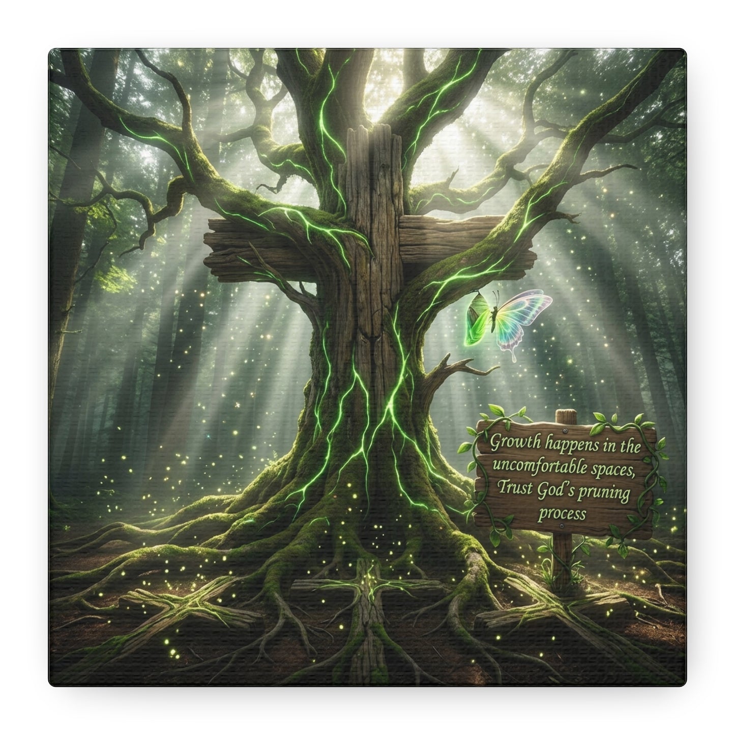 "Growth Happens In The Uncomfortable Spaces, Trust God's Pruning Process" Christian Canvas Wall Art - Forest Tree Cross, Butterfly - Inspirational Rustic Decor - Living Room Wall Decor - Ready to Hang