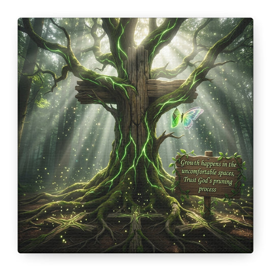 "Growth Happens In The Uncomfortable Spaces, Trust God's Pruning Process" Christian Canvas Wall Art - Forest Tree Cross, Butterfly - Inspirational Rustic Decor - Living Room Wall Decor - Ready to Hang