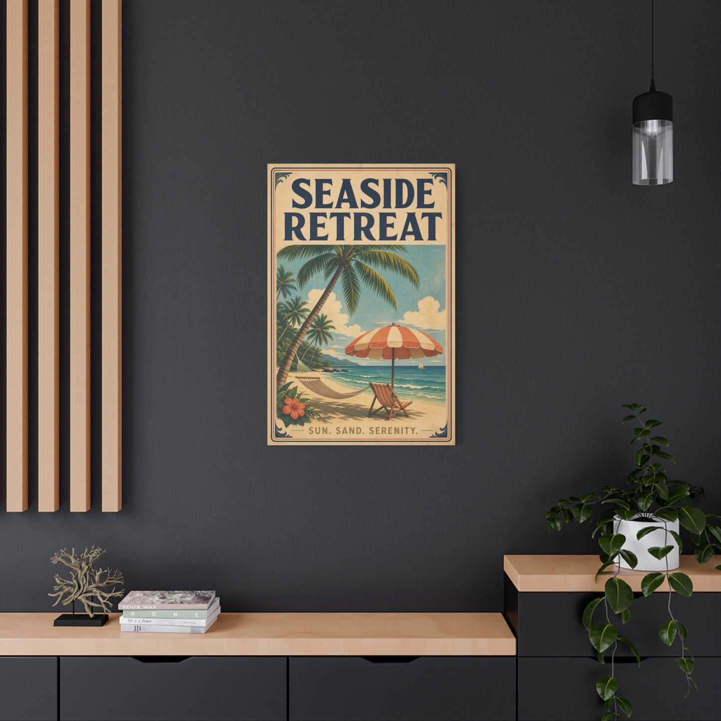 "Seaside Retreat" Tropical Beach Canvas Wall Art - Vintage Coastal Palm Tree Hammock Poster Print, Sun Sand Serenity Typography, Retro Ocean Decor For Bedroom Living Room - Living Room Wall Decor