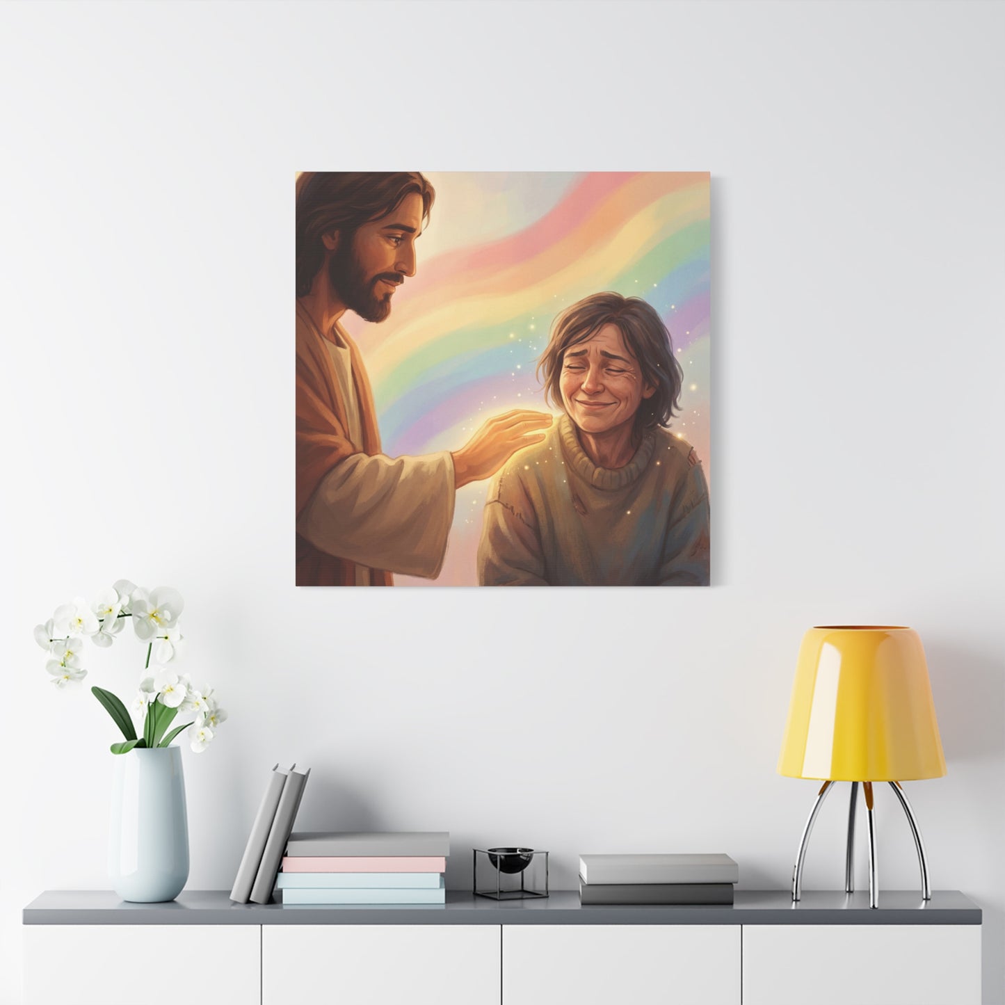 Jesus Christ Comforting Woman Canvas Wall Art - Rainbow Christian Wall Decor, Faith Home Decoration - Matte Canvas Print, Inspirational Religious Artwork - Living Room Bedroom Office - Ready to Hang