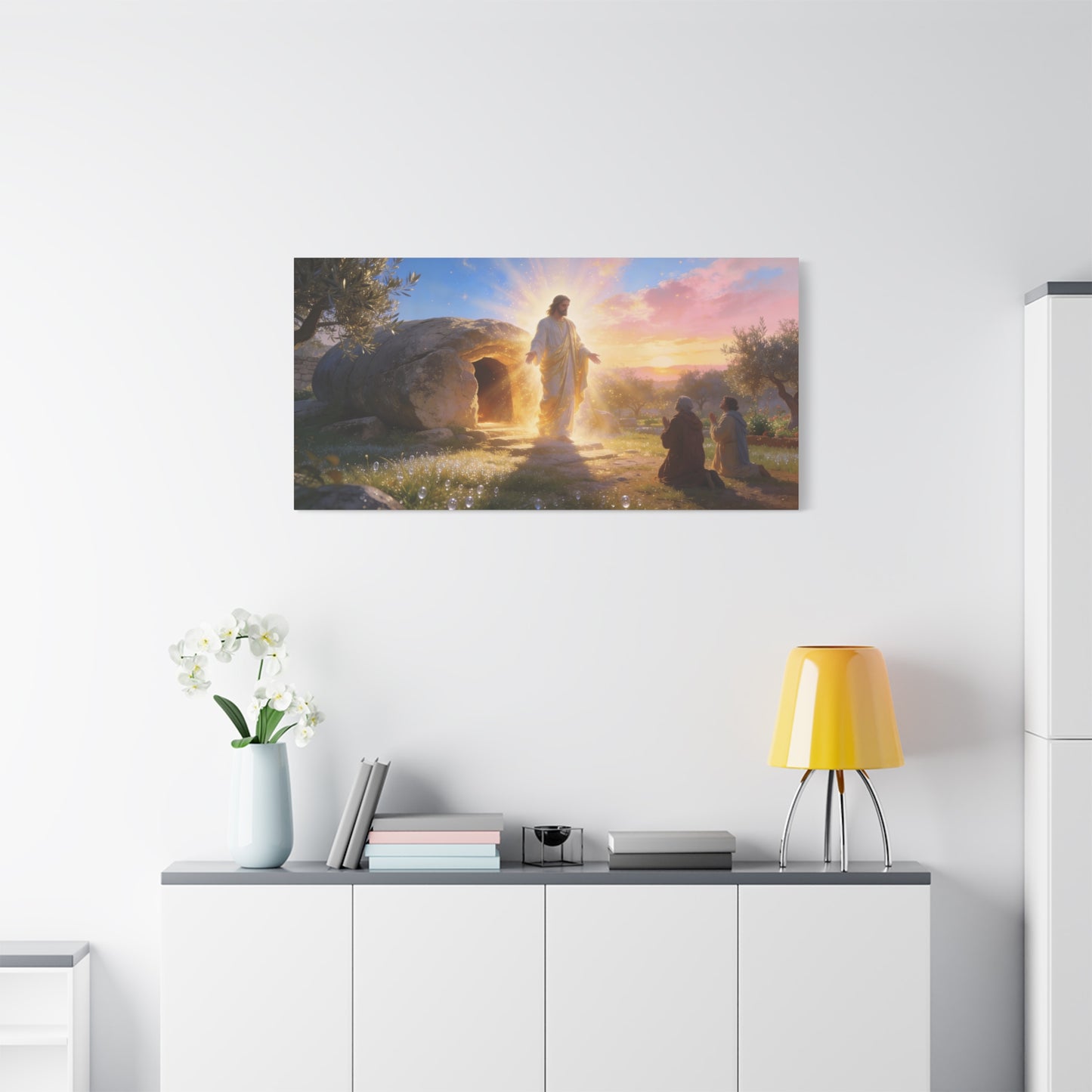 Resurrection Of Jesus Christ Canvas Wall Art - Empty Tomb Sunrise Christian Decor - Glowing Sacred Illustration, Traditional Style - Bedroom Wall Decor, Living Room Home Accent - Cozy Reading Nook Art