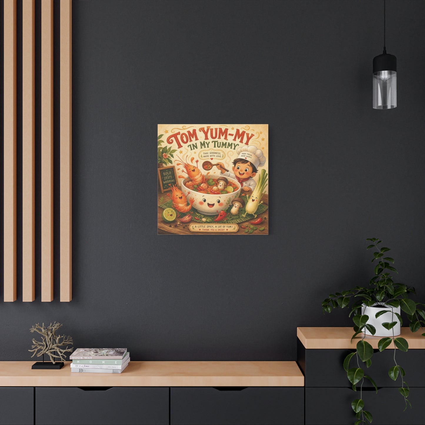 "Tom Yum-My In My Tummy" Canvas Wall Art - Cute Thai Soup Chef Illustration, Whimsical Kitchen Decor - Matte Cotton Canvas Print - Vintage Style Dining Room Wall Decor - Bedroom Home Decoration