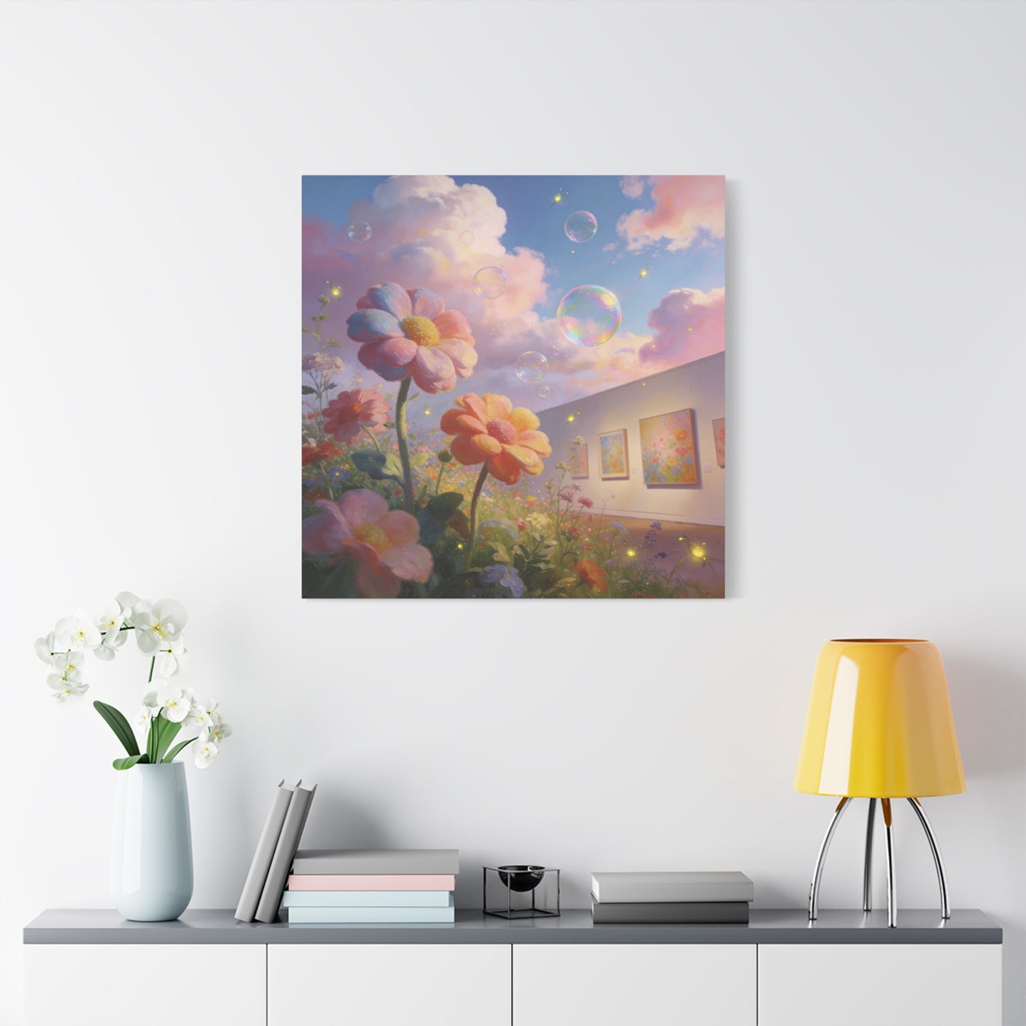 Dreamy Floral Canvas Wall Art - Pastel Wildflower Sky With Iridescent Bubbles, Firefly Glow - Whimsical Matte Canvas Print - Contemporary Bedroom Wall Decor, Living Room Accent - Cozy Reading Nook Art