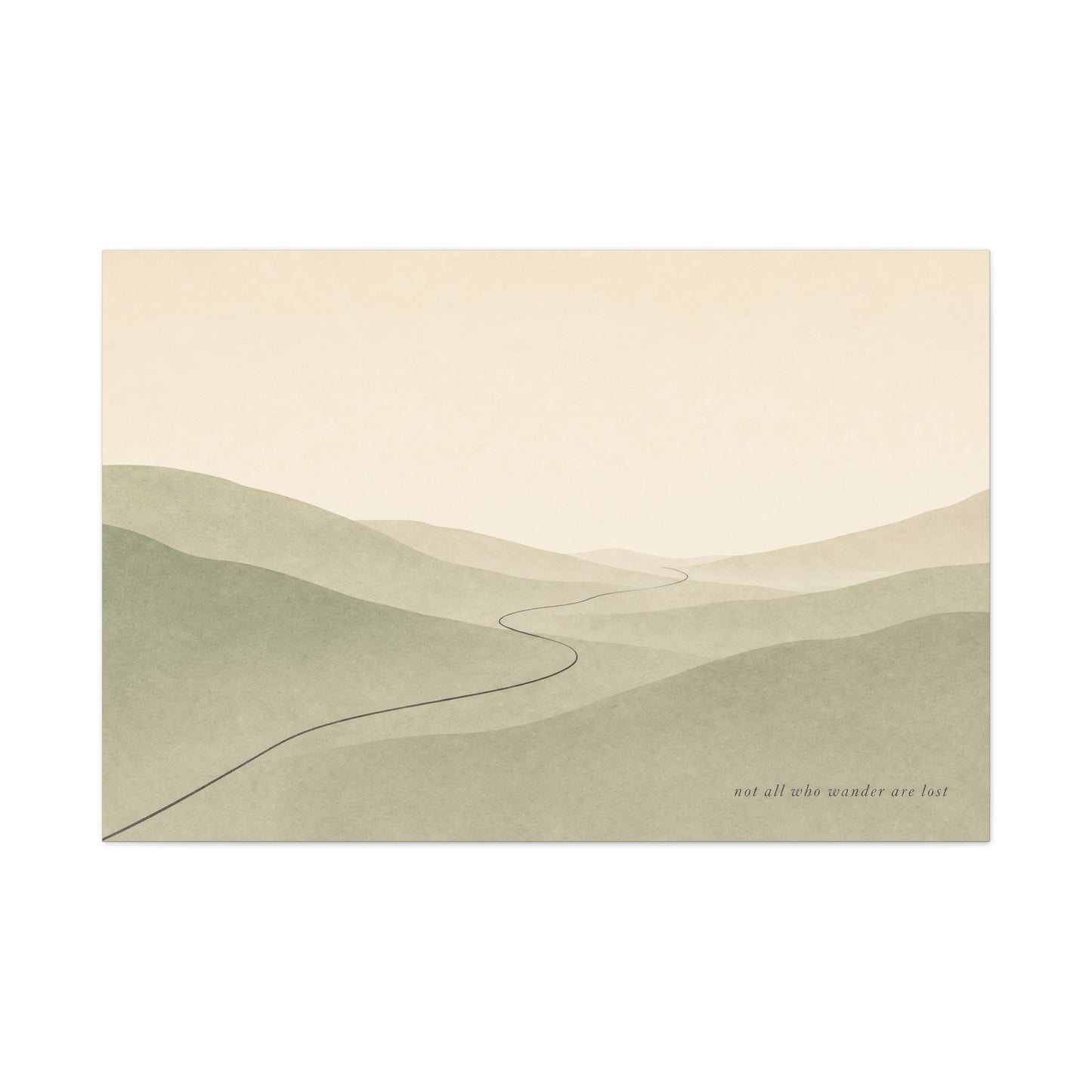 "Not All Who Wander Are Lost" Minimalist Landscape Canvas Wall Art - Misty Hills, Winding Path, Neutral Sage Beige Tones - Modern Wall Decor For Bedroom, Living Room, Home Office - Ready to Hang