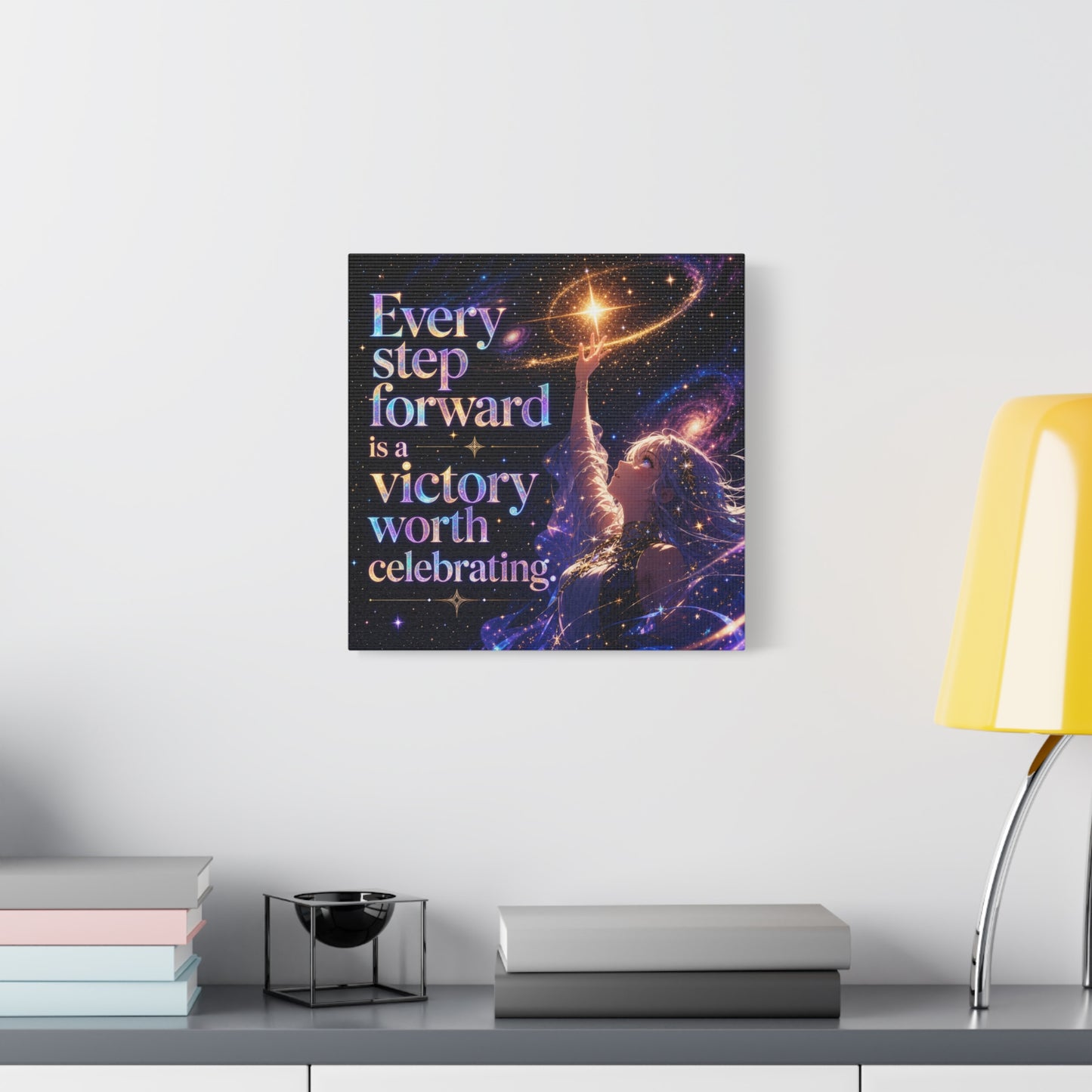 "Every Step Forward Is A Victory Worth Celebrating" Inspirational Canvas Wall Art - Cosmic Anime Girl Galaxy Quote Print - Celestial Purple Blue Decor - Bedroom Home Decoration - Office Wall Art