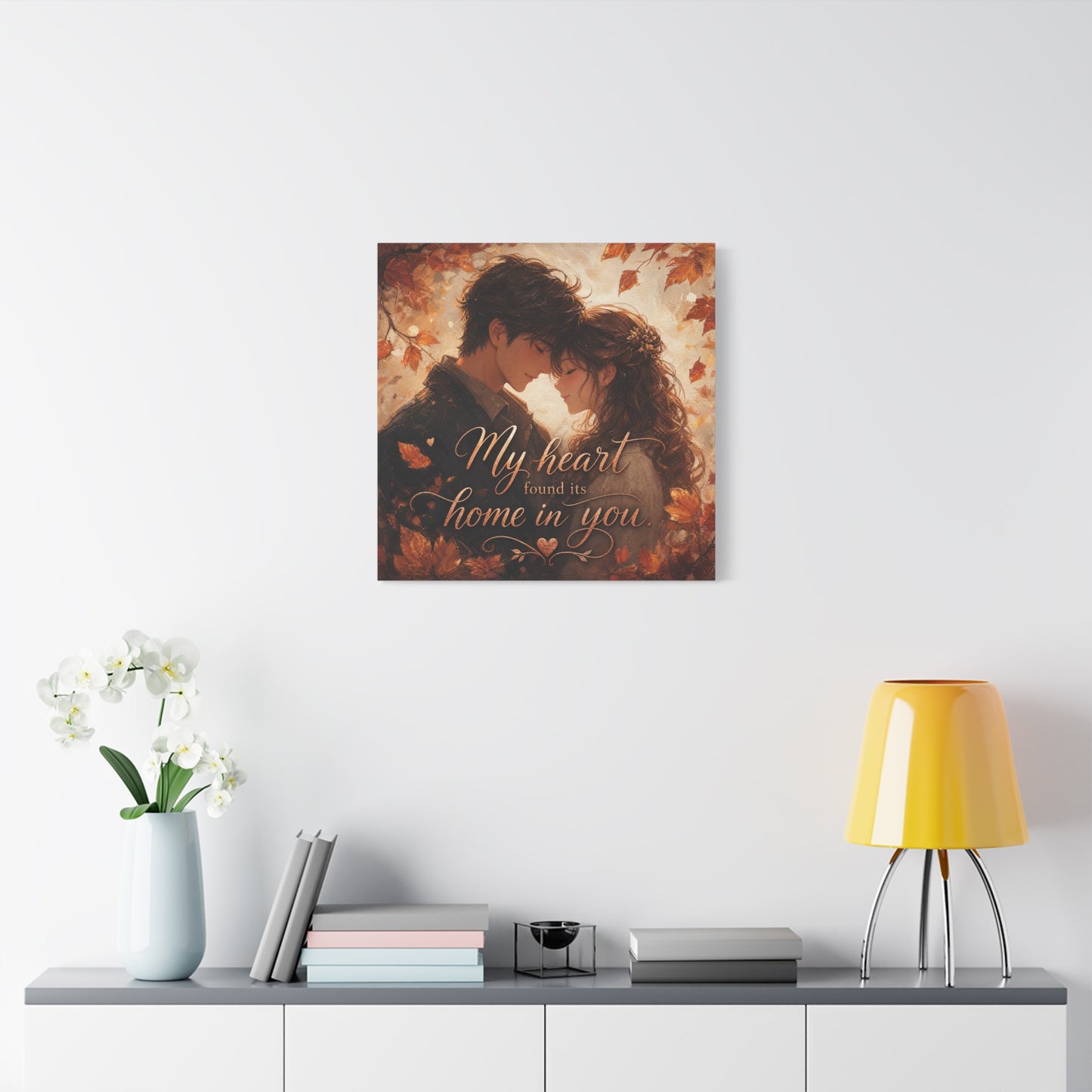 "My Heart Found Its Home In You" Romantic Couple Canvas Wall Art - Autumn Leaves Love Quote Print, Warm Rustic Traditional Style - Bedroom Wall Decor - Ready to Hang - Bedroom Home Decoration